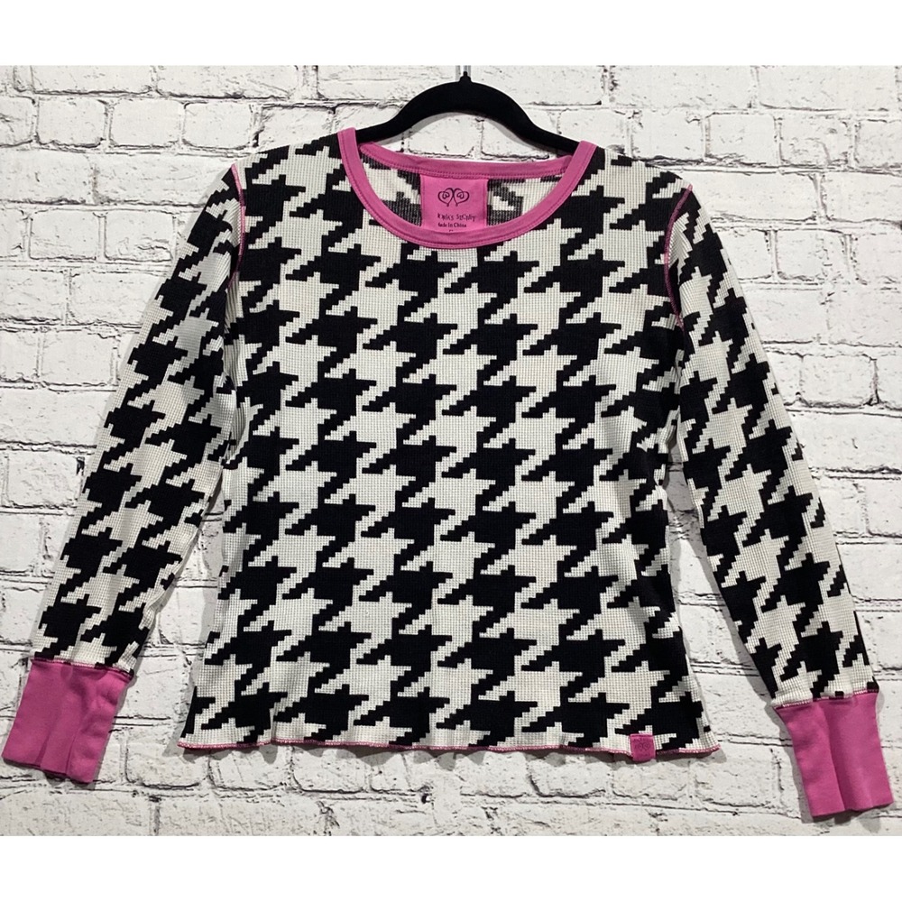 Victorias Secret Houndstooth Waffle Knit Thermal Top Pink Trim Small